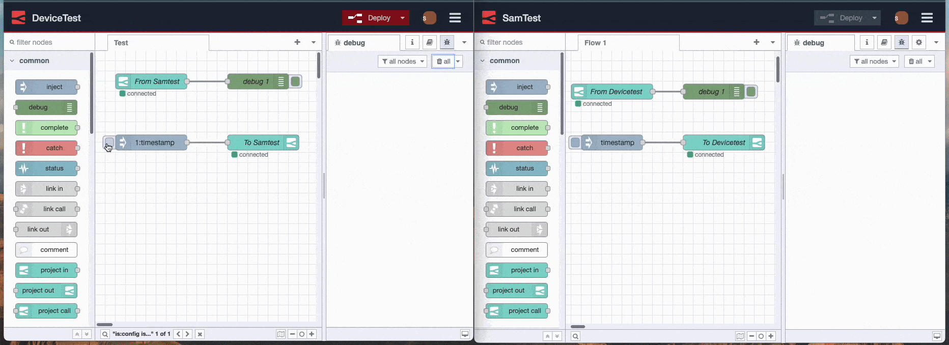 Screenshot showing the message being sent from one project to another using project link nodes "Screenshot showing the message being sent from one project to another using project link nodes"